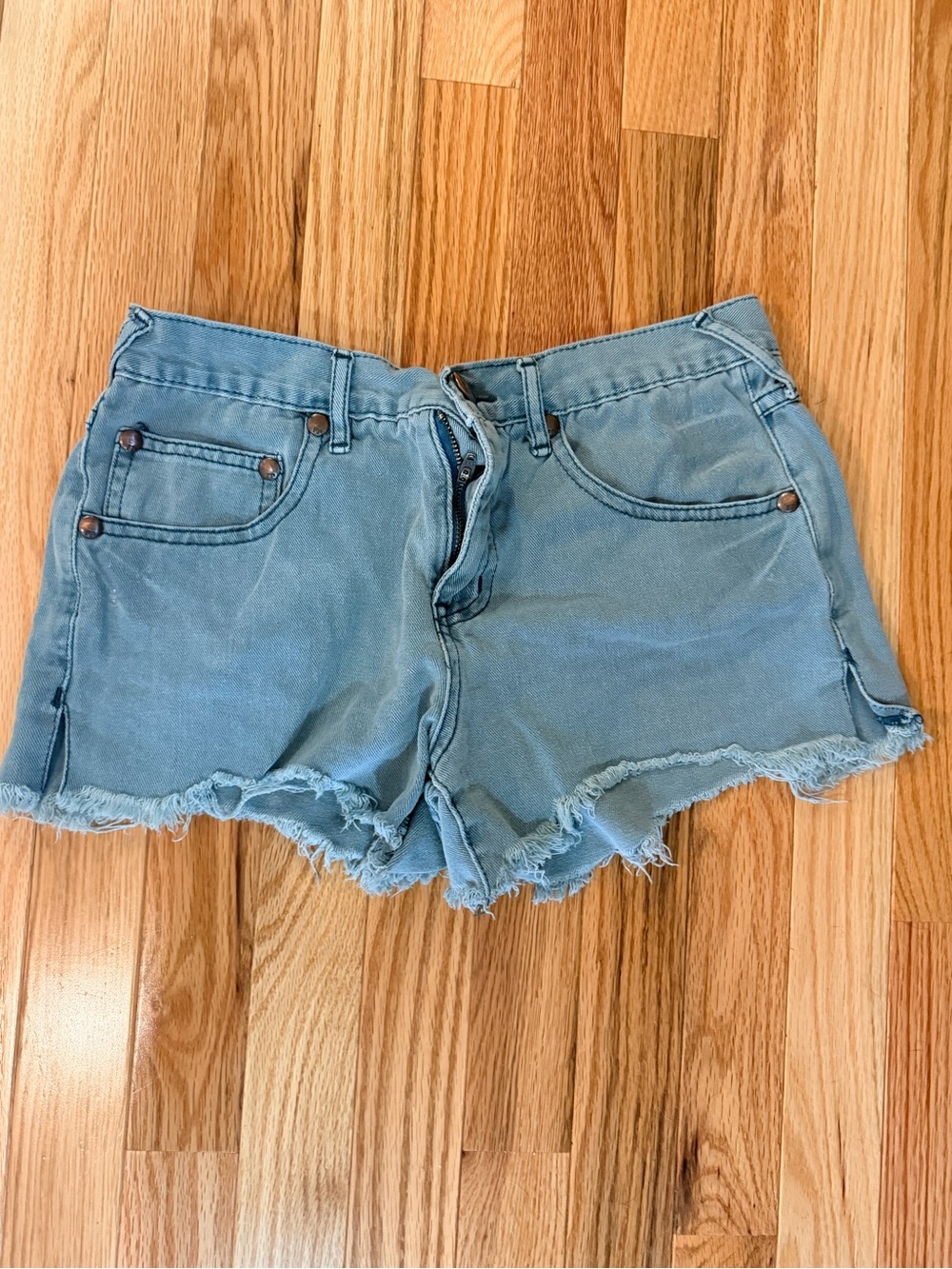 Free People Light Blue Frayed Denim Shorts